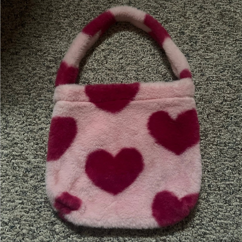 Pink Heart Pattern Fuzzy Tote Bag